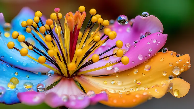 A close-up macro photograph captures a vibrant, multi-colored flower
