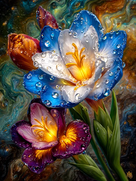 A close-up macro photograph captures a vibrant bouquet of flowers,