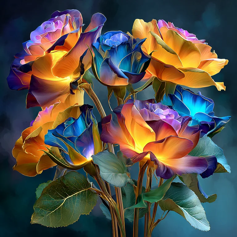 A vibrant bouquet of roses is illuminated from within, showcasing a