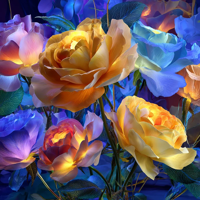 A close-up view of a bouquet of roses in various vibrant colors