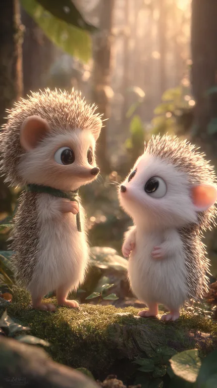 Two adorable, fluffy hedgehogs stand on a moss-covered log in a