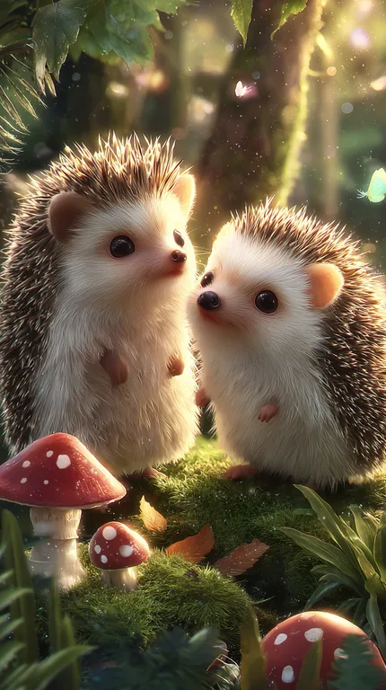 Two adorable hedgehogs are nestled in a mossy forest clearing,