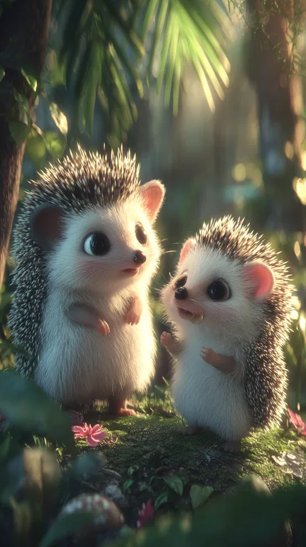 Two adorable hedgehogs are in a lush forest setting