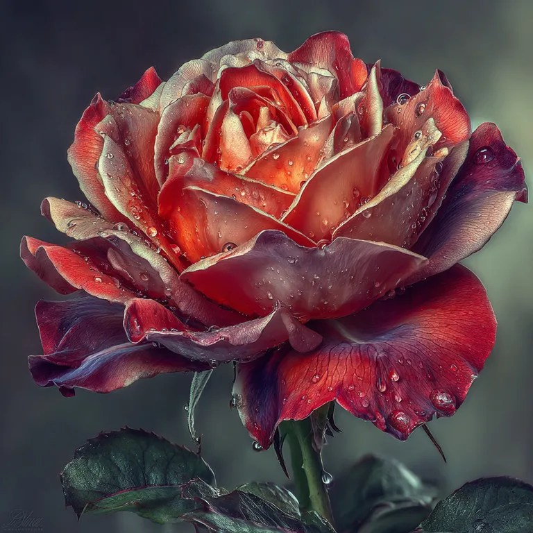 A close-up, detailed view of a single rose in full bloom, glistening