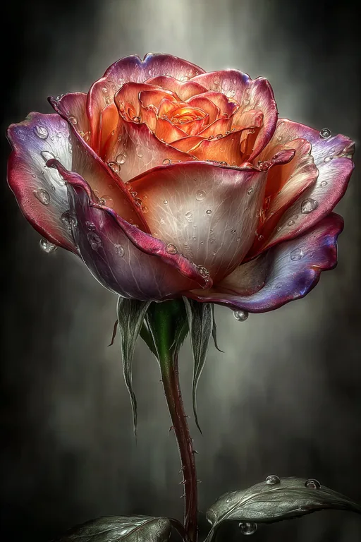 A close-up, detailed view of a single rose with dew drops on its