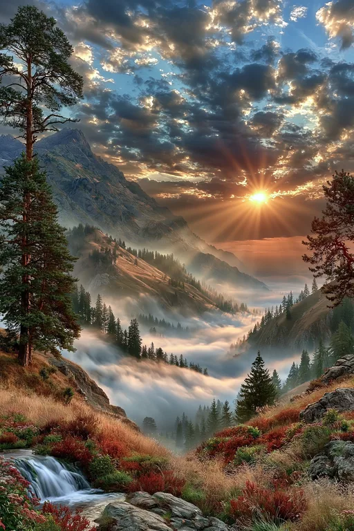 A breathtaking mountain valley is bathed in the warm glow of a sunrise