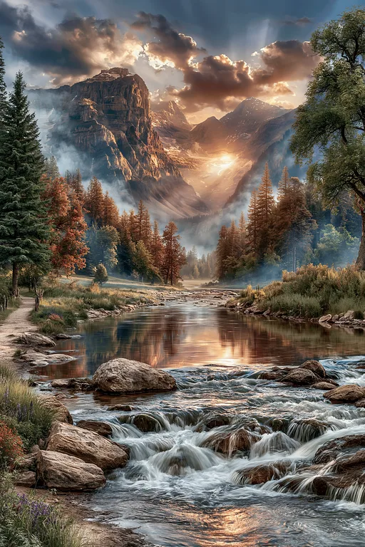 A majestic mountain range is bathed in the warm glow of the setting