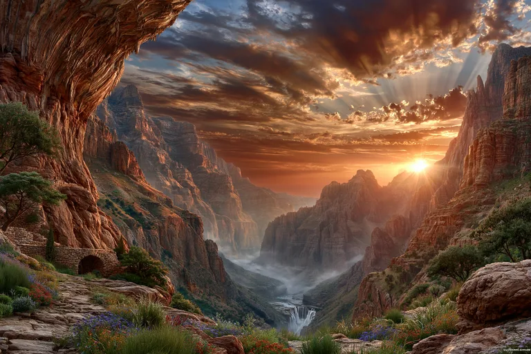A majestic canyon landscape bathed in the warm glow of a setting sun