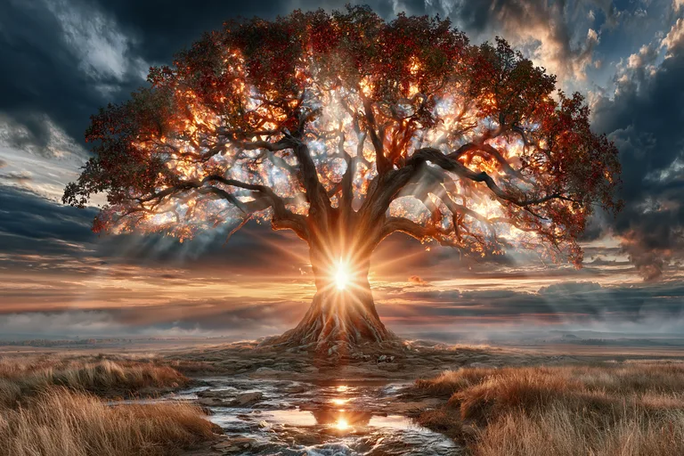A majestic, ancient tree stands as the central focus, its branches
