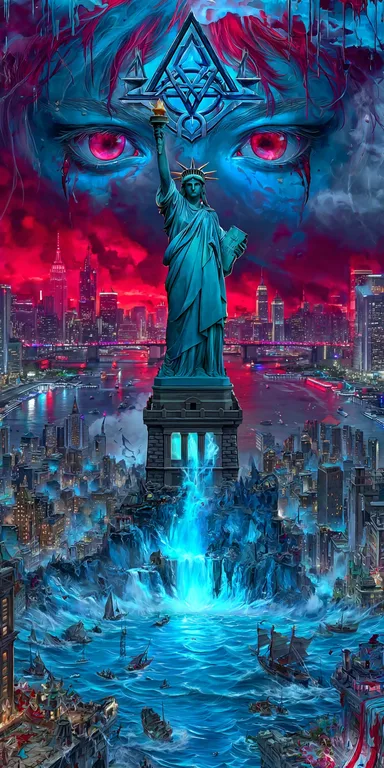 A surreal and apocalyptic vision of New York City, dominated by the