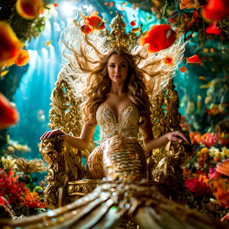 A beautiful mermaid queen sits regally on a golden throne in an