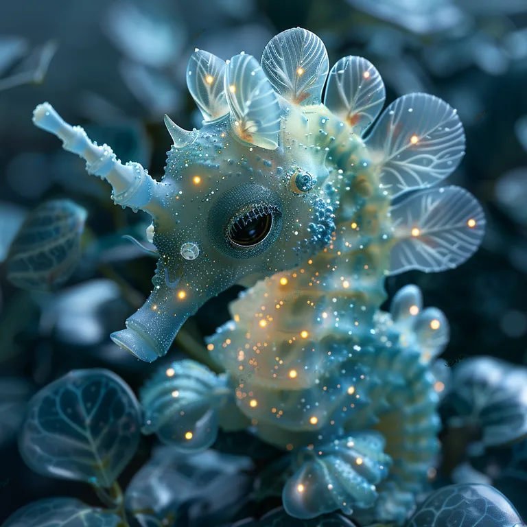 A highly detailed, ethereal seahorse is depicted in a close-up shot,