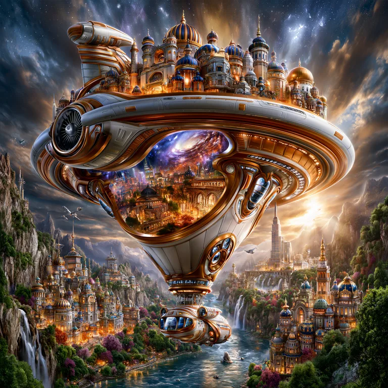 A magnificent, ornate flying city hovers majestically in a twilight