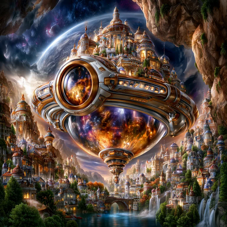 A colossal, ornate spaceship hovers above a sprawling, fantastical