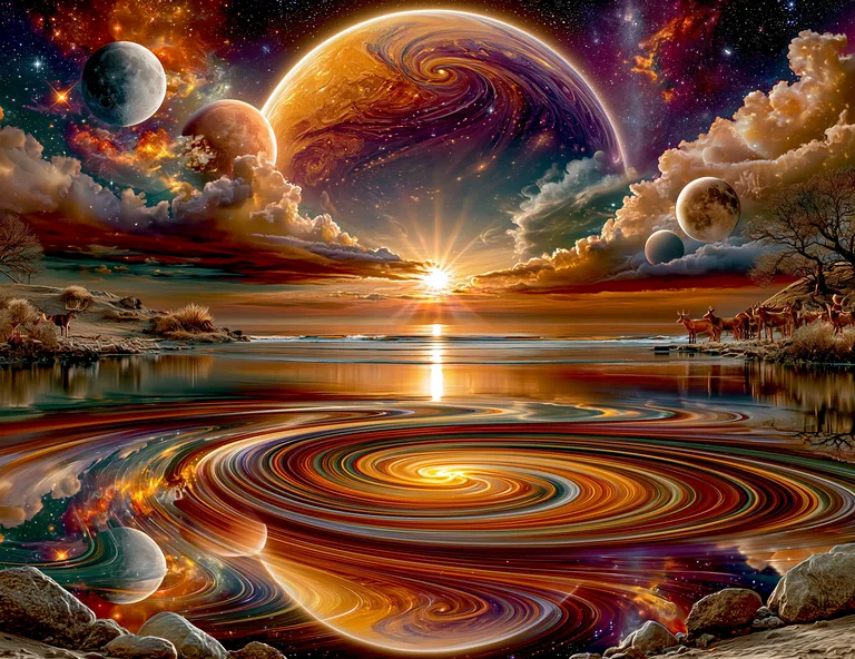 A surreal cosmic landscape unfolds with swirling nebulae and