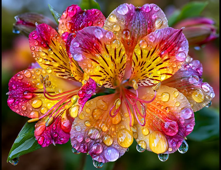 A close-up macro photograph captures a vibrant Alstroemeria flower