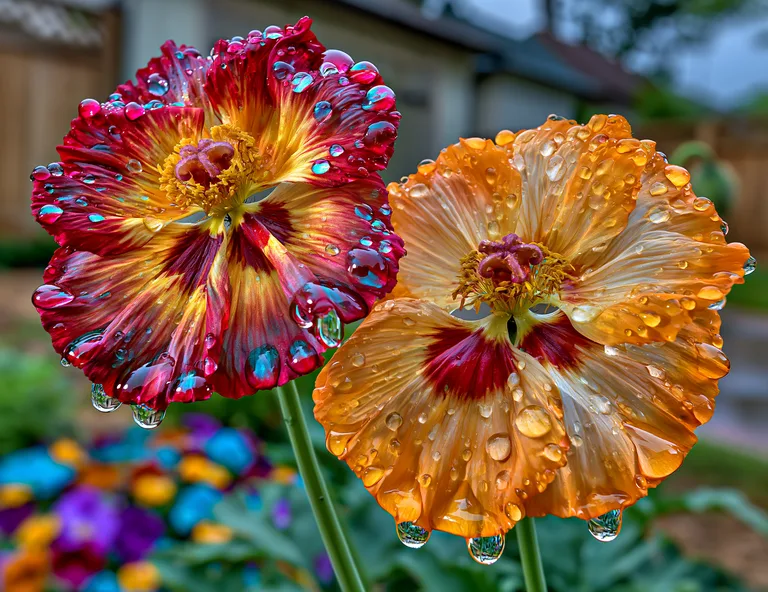 Two vibrant flowers, one red and yellow, the other orange and yellow,