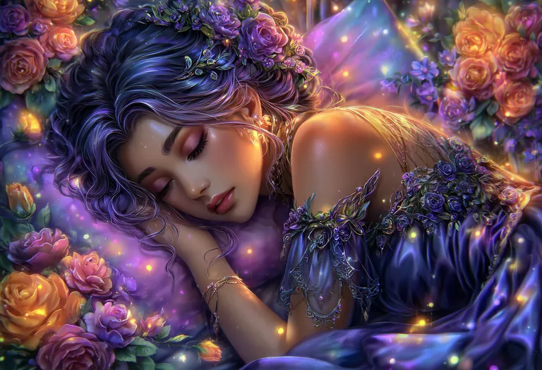 A beautiful young woman with dark, wavy hair adorned with flowers