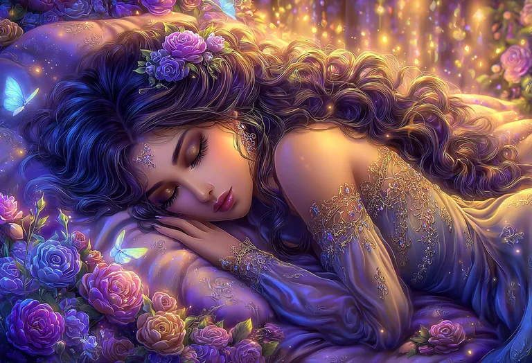 A beautiful woman with long, dark, curly hair sleeps peacefully