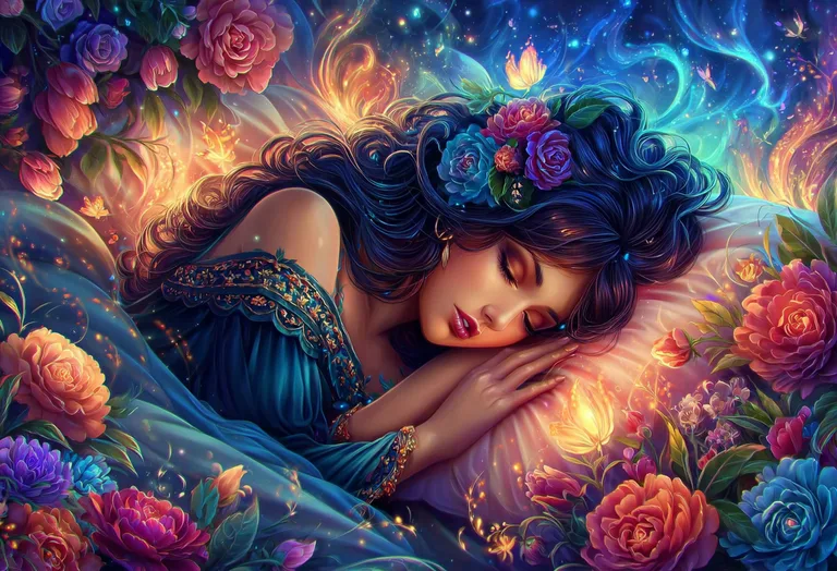 A beautiful young woman with dark, flowing hair adorned with flowers