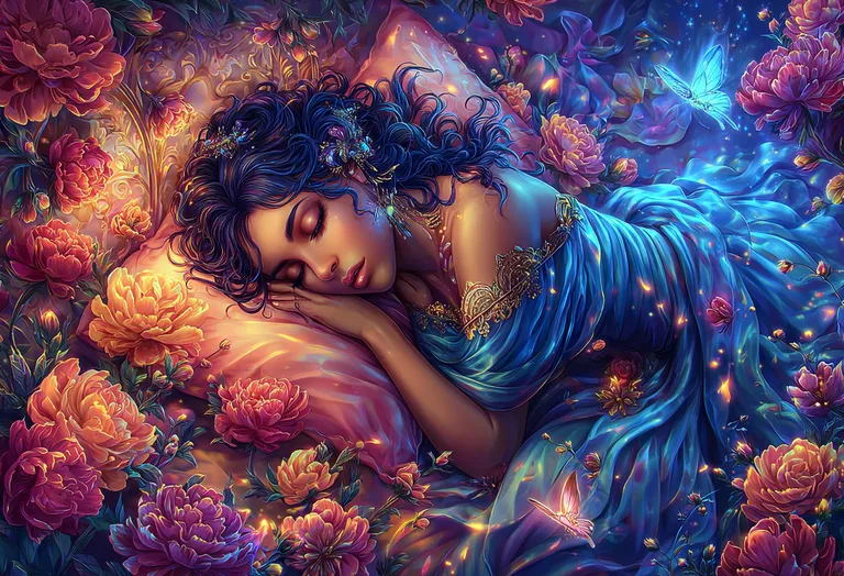 A beautiful woman with dark, curly hair sleeps peacefully amidst a