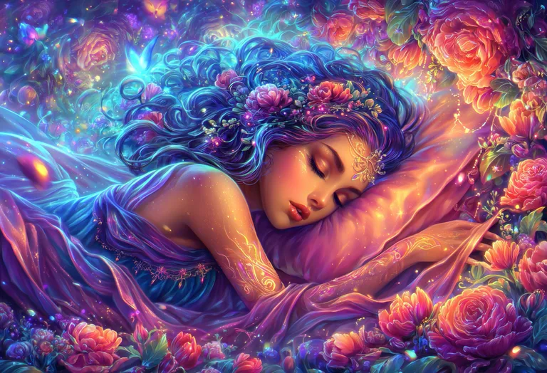 A beautiful woman with long, flowing blue hair adorned with flowers