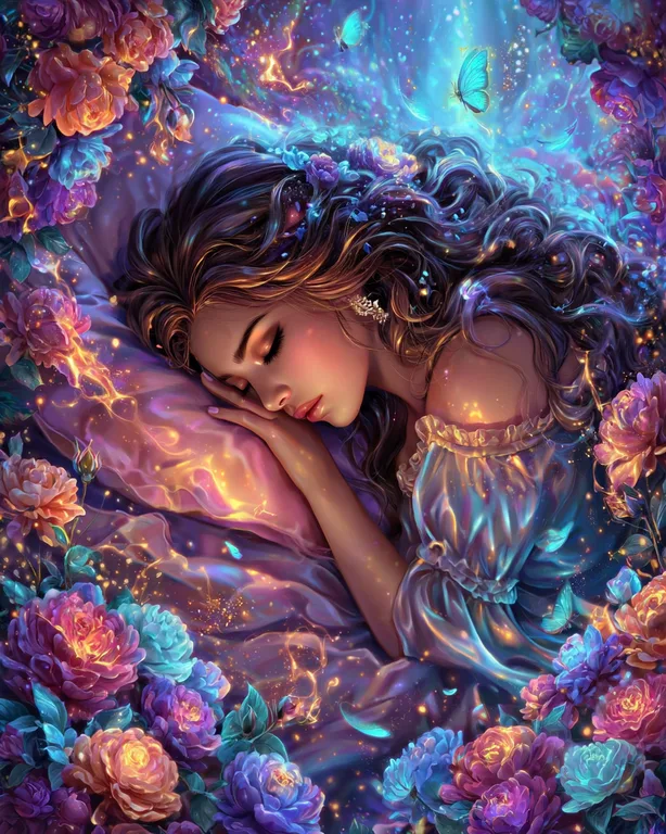 A young woman sleeps peacefully, surrounded by a vibrant, magical