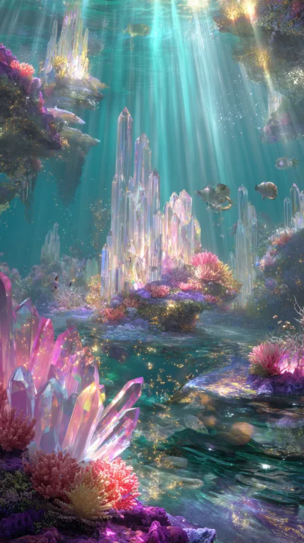 An underwater scene depicting a fantastical city made of glowing