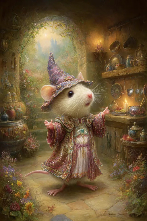 A whimsical mouse dressed as a wizard stands in a cozy, enchanted