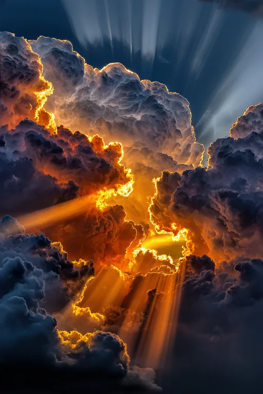 Dramatic sunbeams pierce through dark, stormy clouds, illuminating