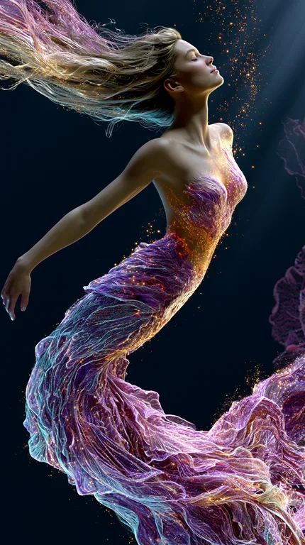 A ethereal woman with flowing, iridescent hair and a shimmering,