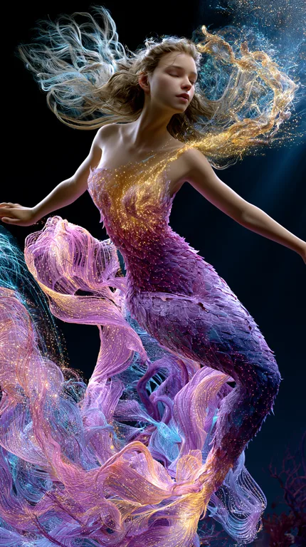 A beautiful mermaid with flowing blonde hair and a shimmering purple