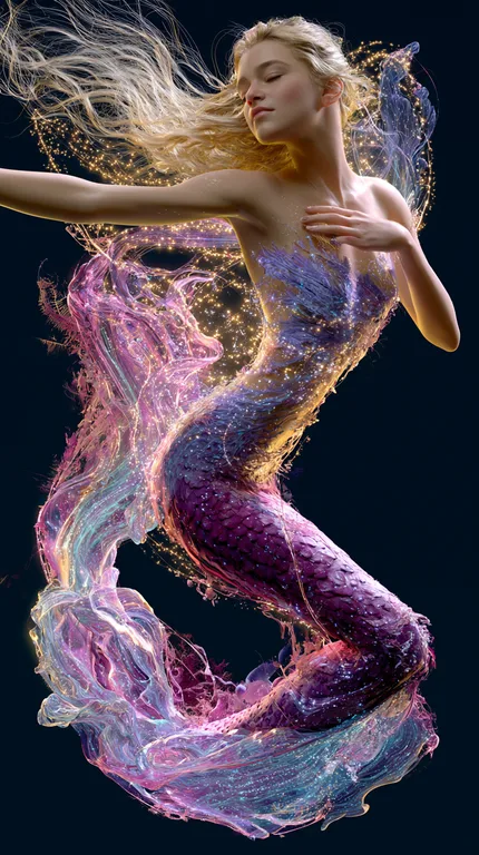 A beautiful mermaid with long, flowing blonde hair is depicted in a