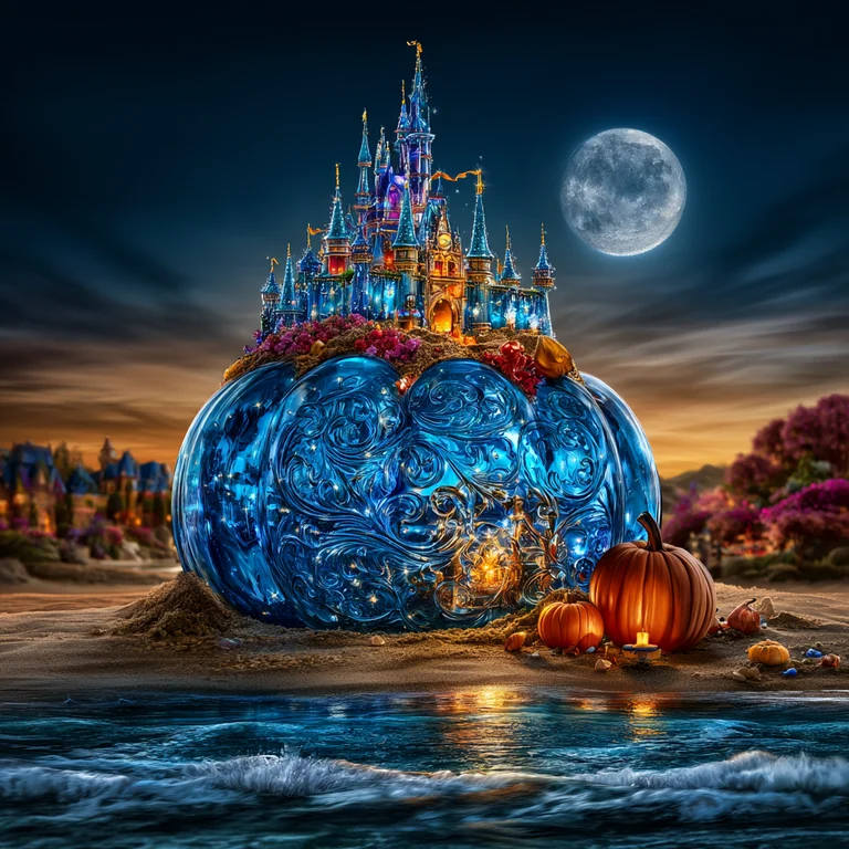 A fantastical castle sits atop a giant, ornate blue pumpkin on a