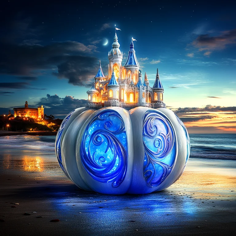 A magical Cinderella-style pumpkin carriage sits on a beach at dusk,