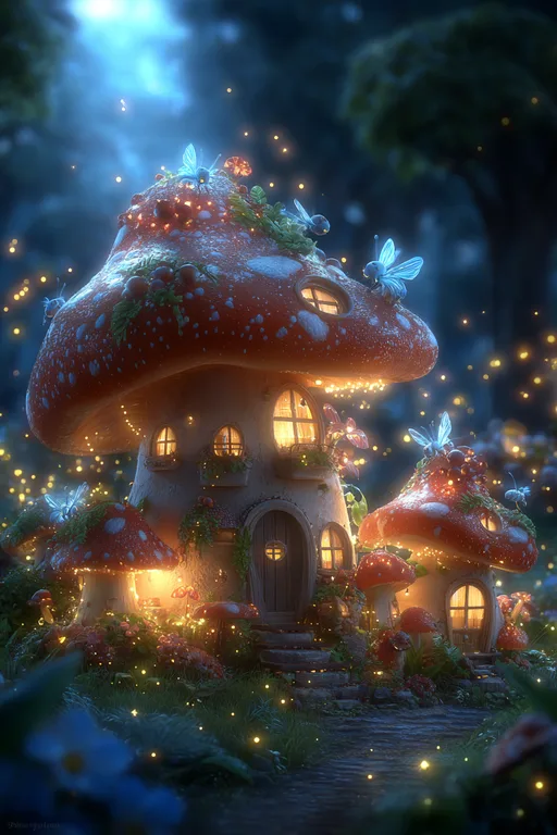 A whimsical mushroom house nestled in a magical forest at night