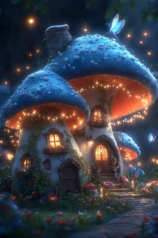 A whimsical mushroom house nestled in a magical forest at night
