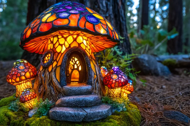 A whimsical mushroom-shaped house with stained-glass panels glows