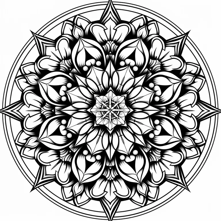 A detailed black and white mandala design is presented