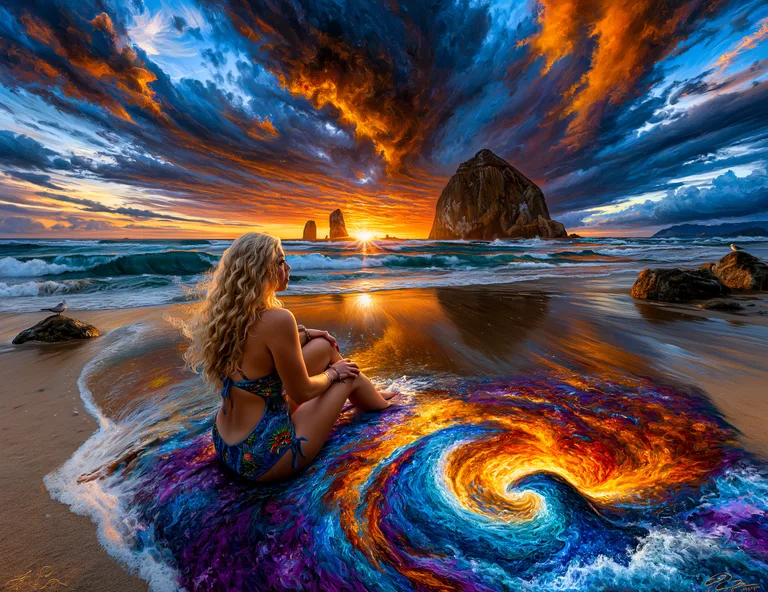 A woman with blonde curly hair sits on a beach, gazing out at a