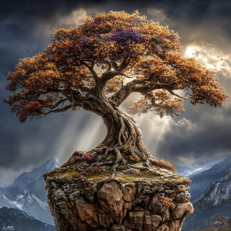 A majestic, ancient tree with vibrant autumn foliage stands atop a