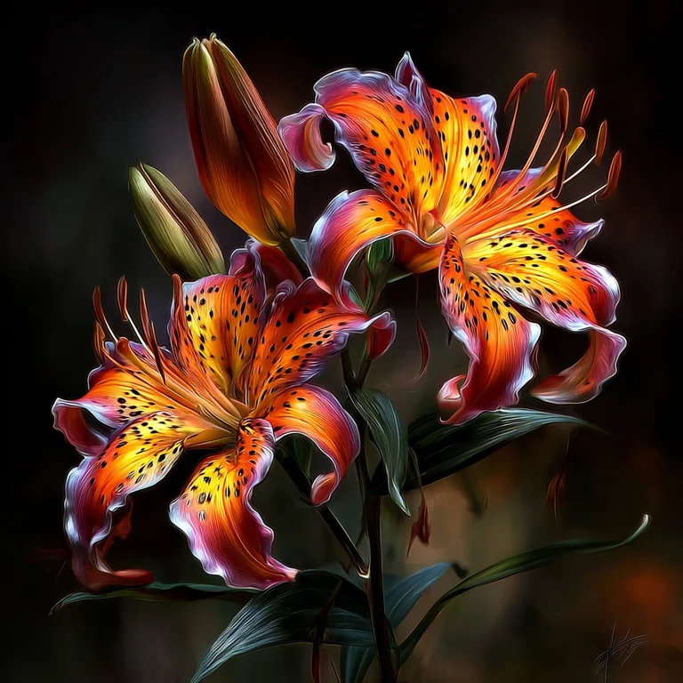 A close-up, dramatic portrayal of two vibrant tiger lilies in full
