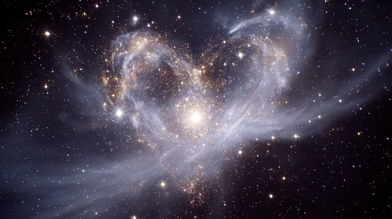 A vibrant nebula in the shape of a heart glows with a multitude of