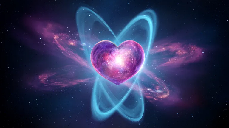 A vibrant, heart-shaped galaxy pulsates with light at the center of a