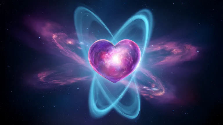 A glowing, heart-shaped nebula is at the center of the image,