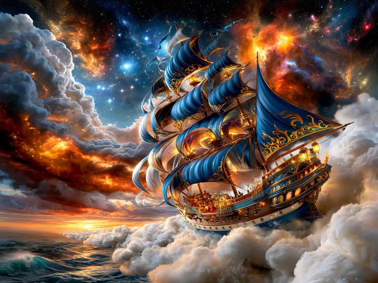 A majestic sailing ship with ornate blue sails navigates through a