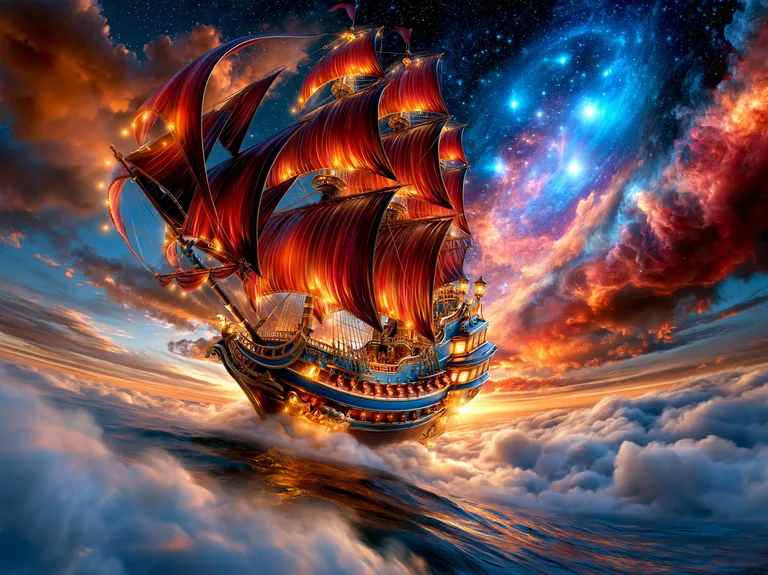 A majestic sailing ship with vibrant red sails navigates through a