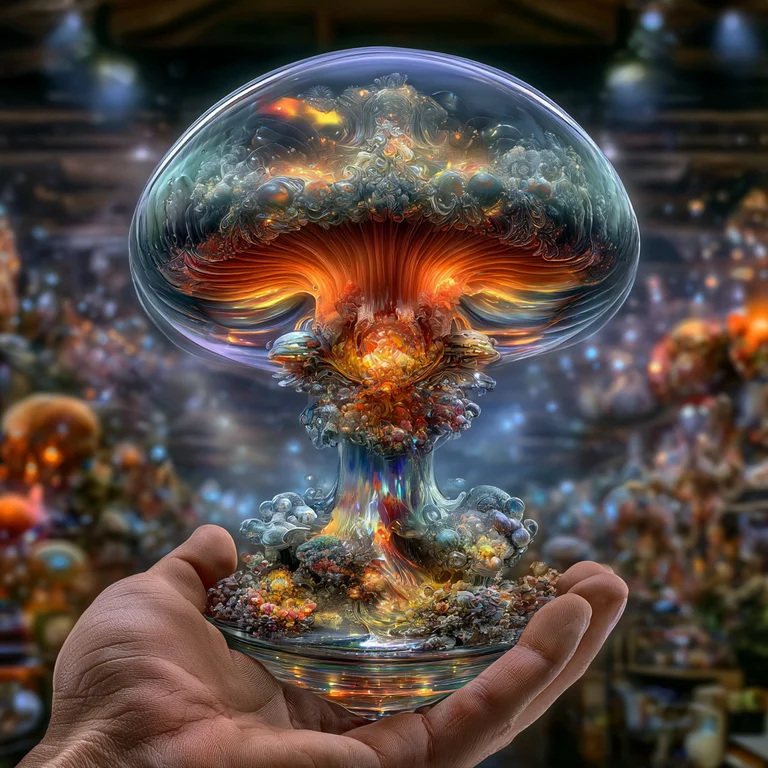 A person's hand holds a glass orb containing a miniature, glowing