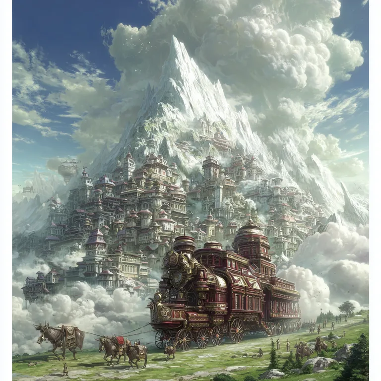 A magnificent steampunk train, pulled by horses, travels through a