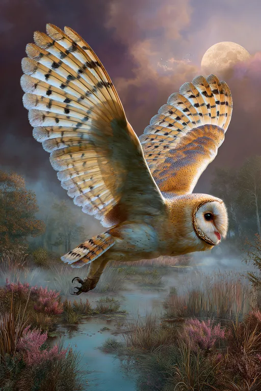 A barn owl in flight soars over a misty marshland under a full moon